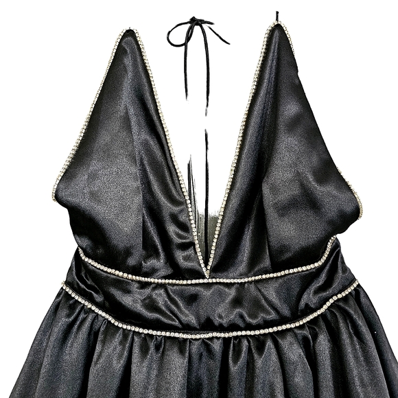 Nwot Lena Black Satin Halter Deep Plunge Rhinestone Trim Bubble Cocktail Dress - Picture 7 of 17